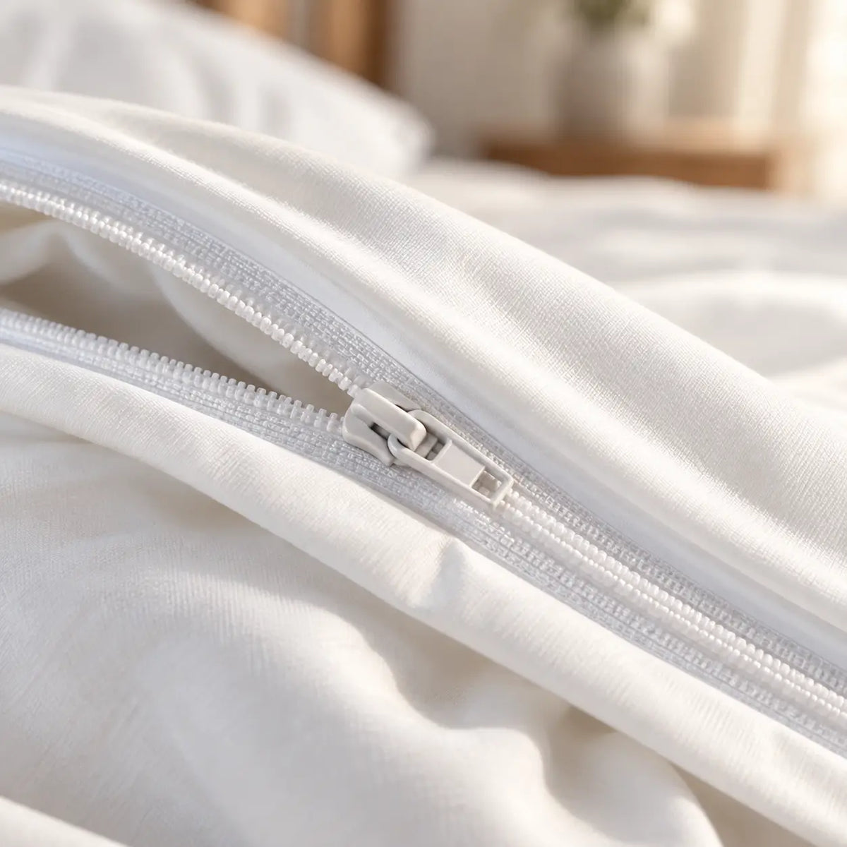 Detail van de rits van de witte kussensloop
