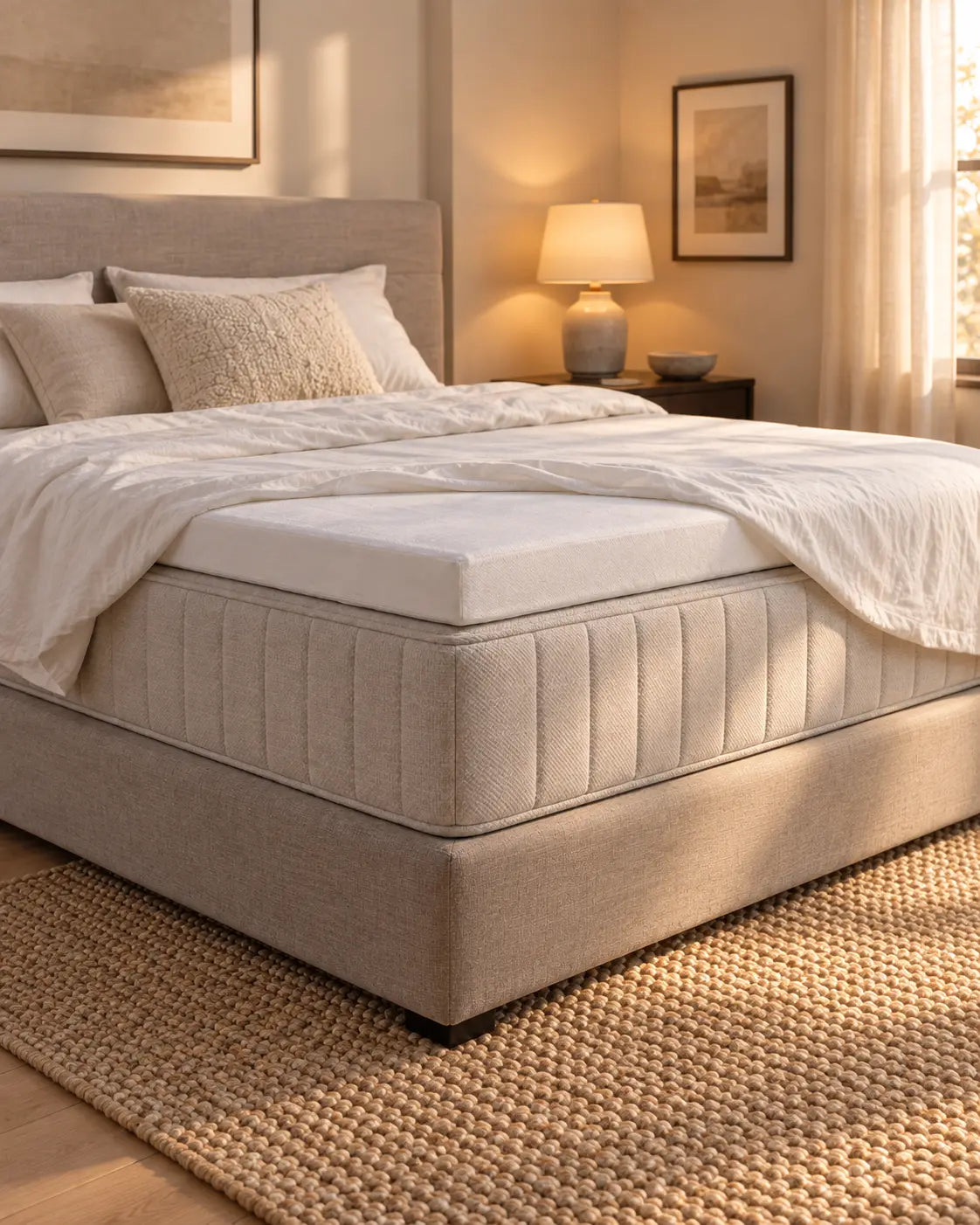 Verlichte slaapkamer met boxspring, matras en topper. Om de topper is de matrasbeschermer strak eromheen 