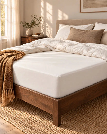 Afbeelding van een opgemaakt houten bed met matrasbeschermer om het matras in een zonnige lichte slaapkamer