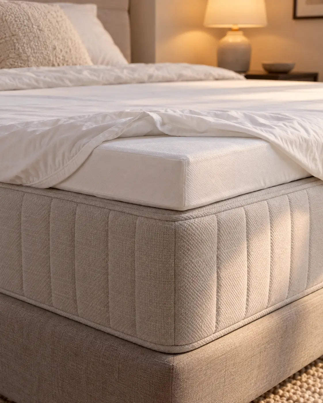 Detail van hoek van boxspring, matras, topper met beschermer eromheen. Hoeslaken rond de hoek teruggeslagen