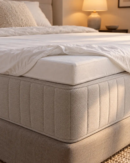 Detail van hoek van boxspring, matras, topper met beschermer eromheen. Hoeslaken rond de hoek teruggeslagen
