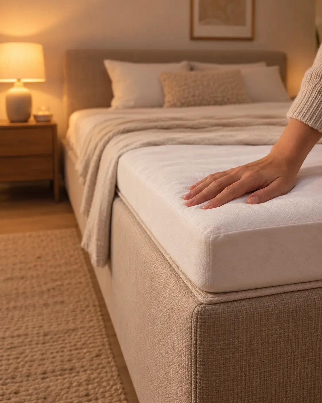 Detail van hoek van bed en topper met de matrasbeschermer om de topper. Hand rust  licht op de topper/beschermer. In verlichte slaapkamer met zachte kleuren.