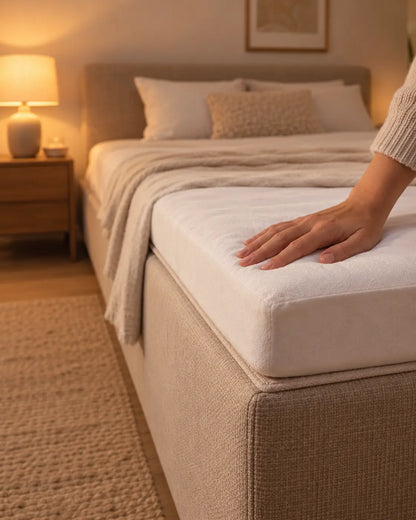 Detail van hoek van bed en topper met de matrasbeschermer om de topper. Hand rust  licht op de topper/beschermer. In verlichte slaapkamer met zachte kleuren.