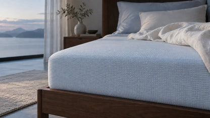 Afbeelding van polaris hoeslaken blauw/wit op bed met beddengoed en kussens in slaapkamer met strijklicht