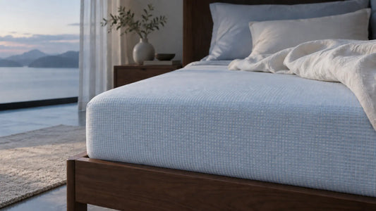 Afbeelding van polaris hoeslaken blauw/wit op bed met beddengoed en kussens in slaapkamer met strijklicht