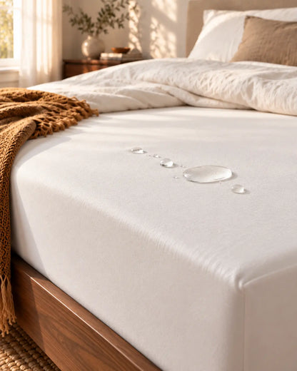 Waterdruppels die op een witte matrasbeschermer liggen. Opgemaakt houten bed in lichte slaapkamer