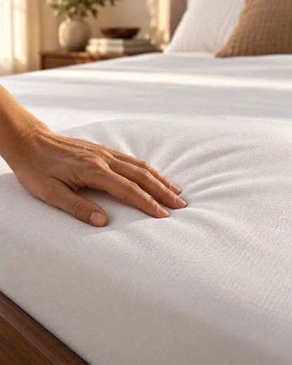 Hand rust lichtjes op de matrasbeschermer die om het matras zit. In lichte slaapkamer