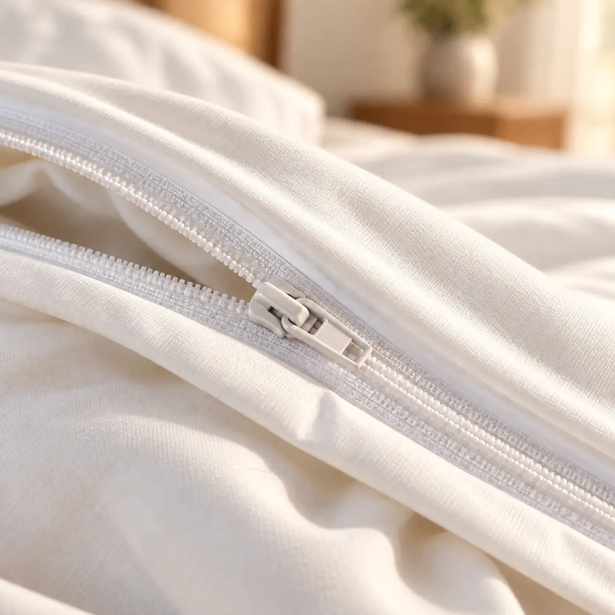 Detail van de rits van de witte kussensloop