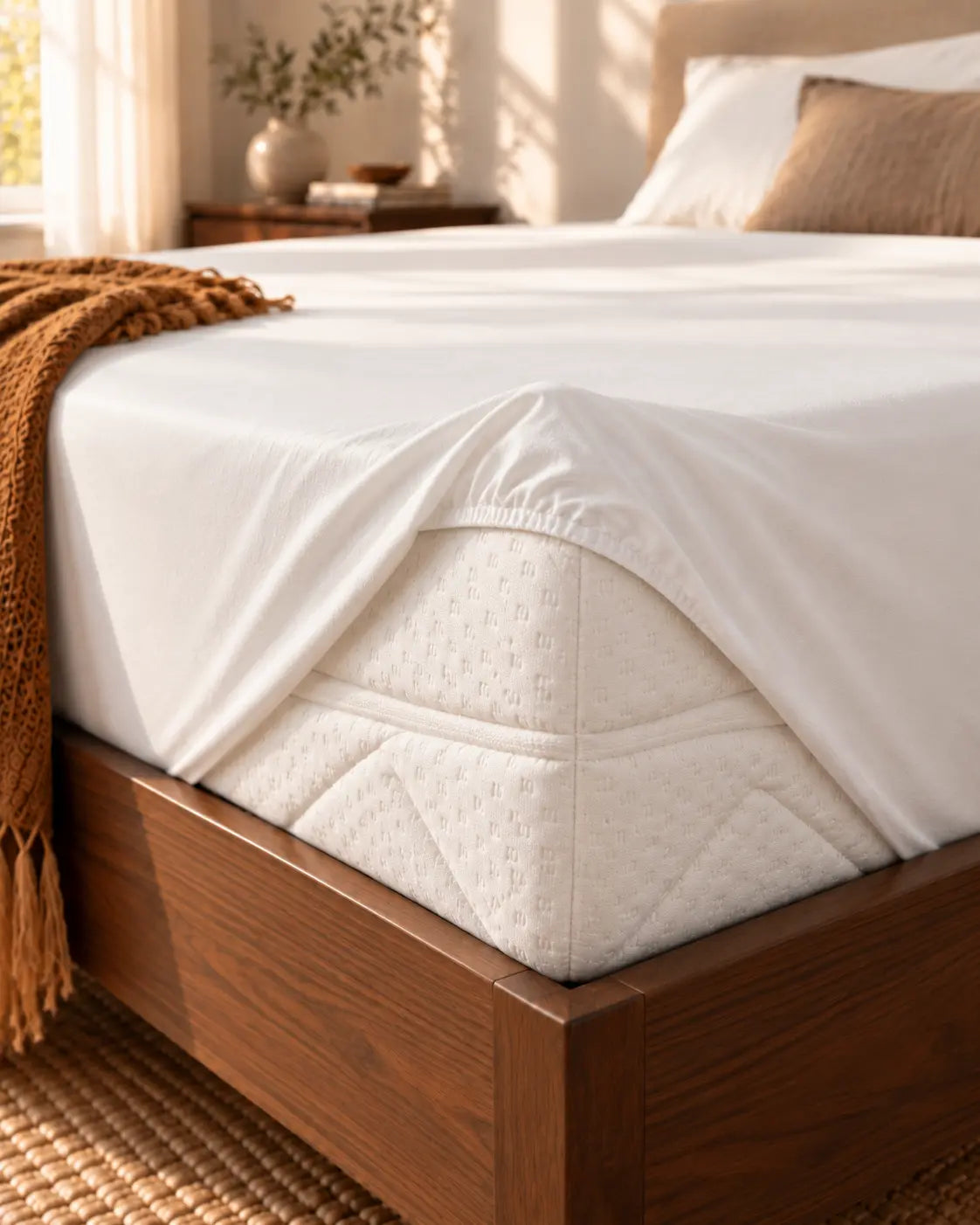 Ingezoomd beeld van de hoek van een houten bed met matras. De matrasbeschermer is bij de hoek iets omhoog getrokken.